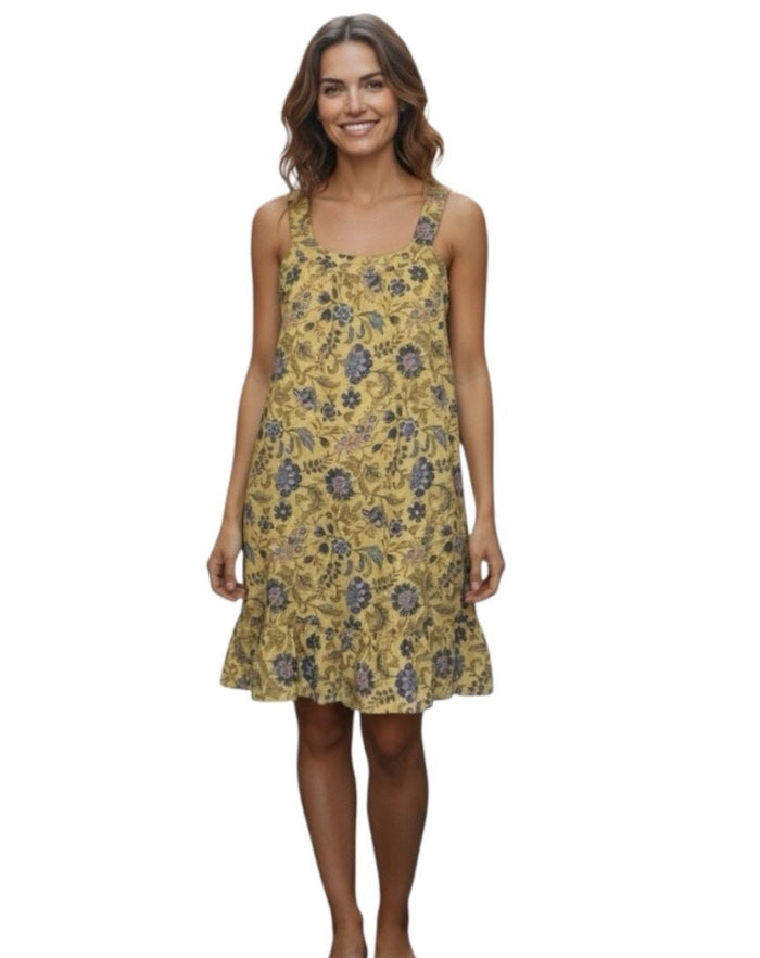 ROUTE 1_COTTON SUNDRESS GOLD/BLUE MULTI _ COTTON SUNDRESS GOLD/BLUE MULTI _ Ebony Boutique NZ