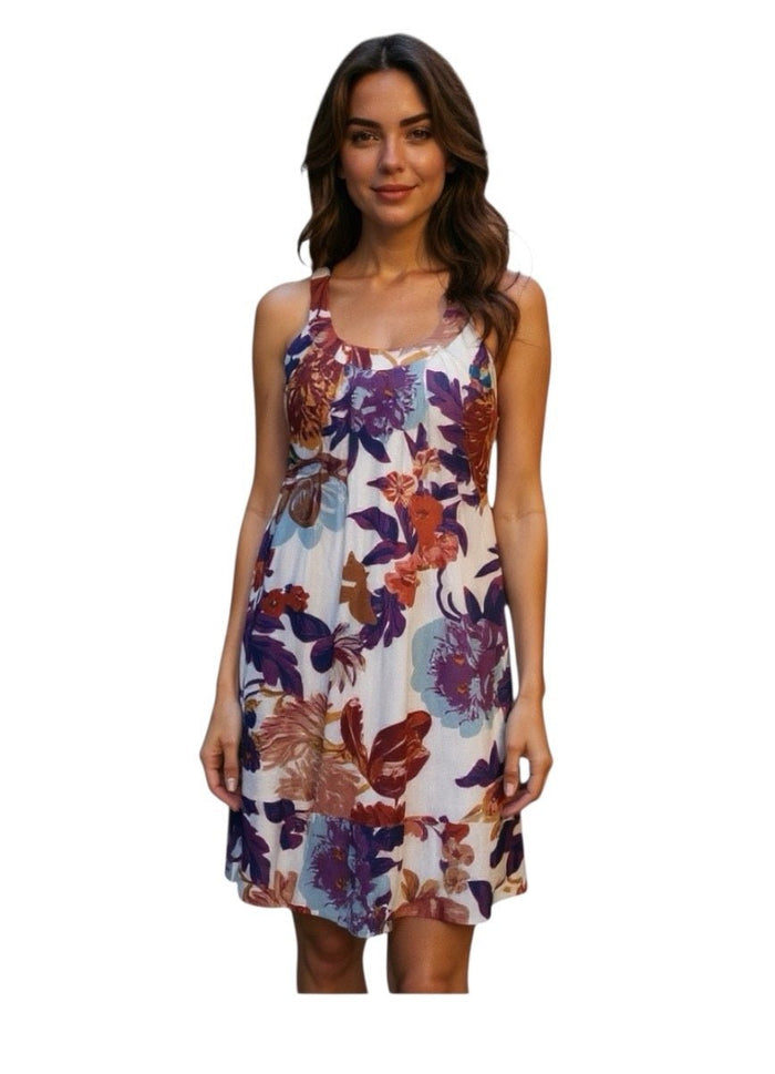 ROUTE 1_COTTON SUNDRESS WHITE/PURPLE/BLUE MULTI _ COTTON SUNDRESS WHITE/PURPLE/BLUE MULTI _ Ebony Boutique NZ