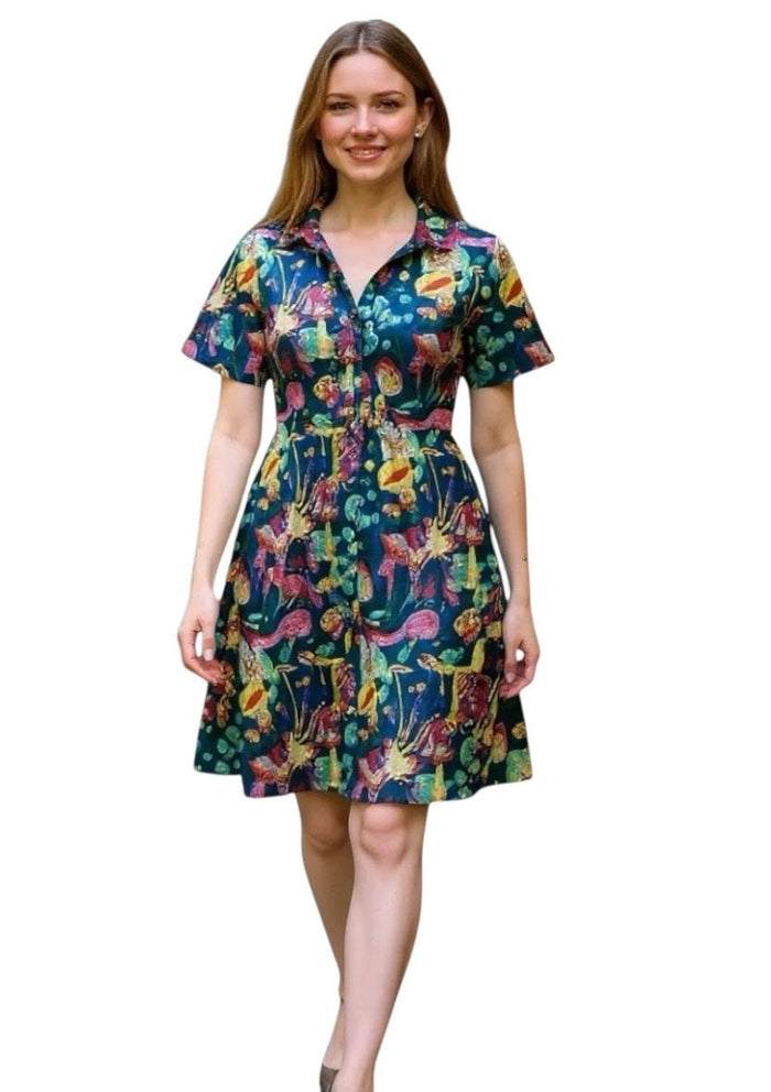 ROUTE 1_COTTON TUNIC DRESS STAND COLLAR TROPICAL BLUE MULTI _ COTTON TUNIC DRESS STAND COLLAR TROPICAL BLUE MULTI _ Ebony Boutique NZ