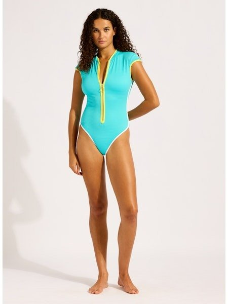SEAFOLLY_CAP SLEEVE ZIP FRONT ONE PIECE BEACH BOUND ATOLL _ CAP SLEEVE ZIP FRONT ONE PIECE BEACH BOUND ATOLL _ Ebony Boutique NZ