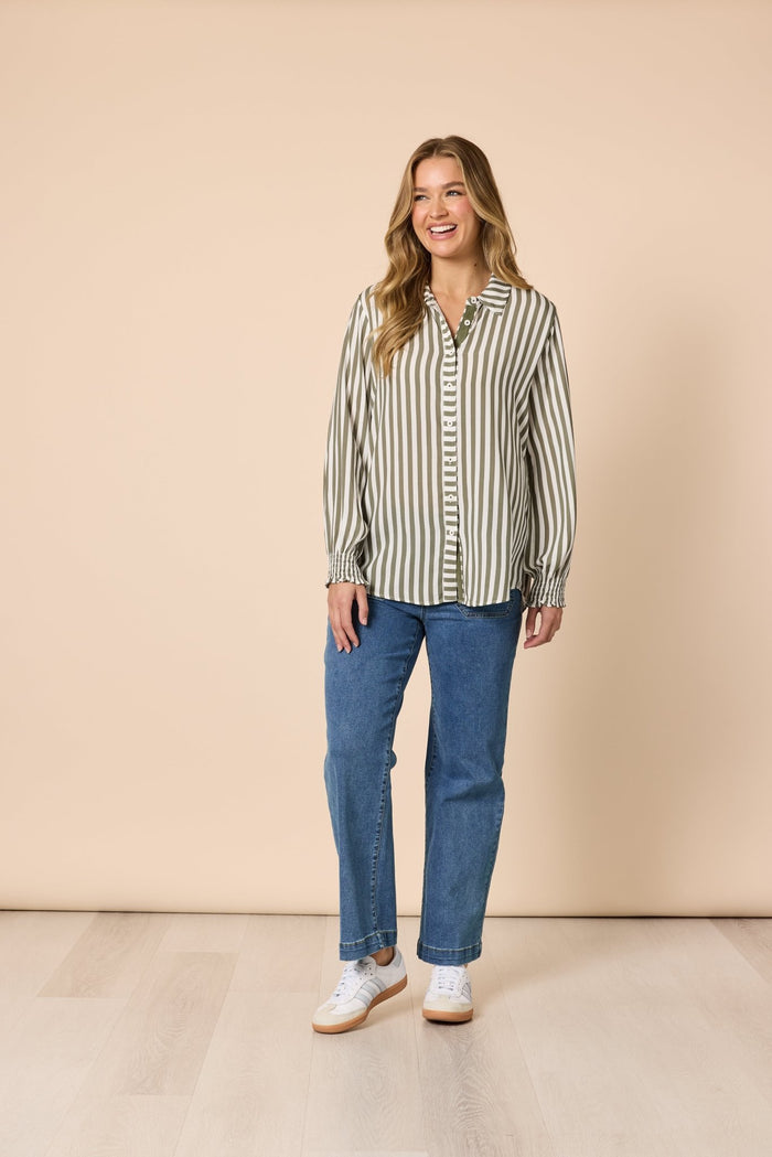 THREADZ_AMOUR STRIPE SHIRT KHAKI/WHITE _ AMOUR STRIPE SHIRT KHAKI/WHITE _ Ebony Boutique NZ