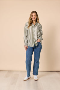 THREADZ_AMOUR STRIPE SHIRT KHAKI/WHITE _ AMOUR STRIPE SHIRT KHAKI/WHITE _ Ebony Boutique NZ