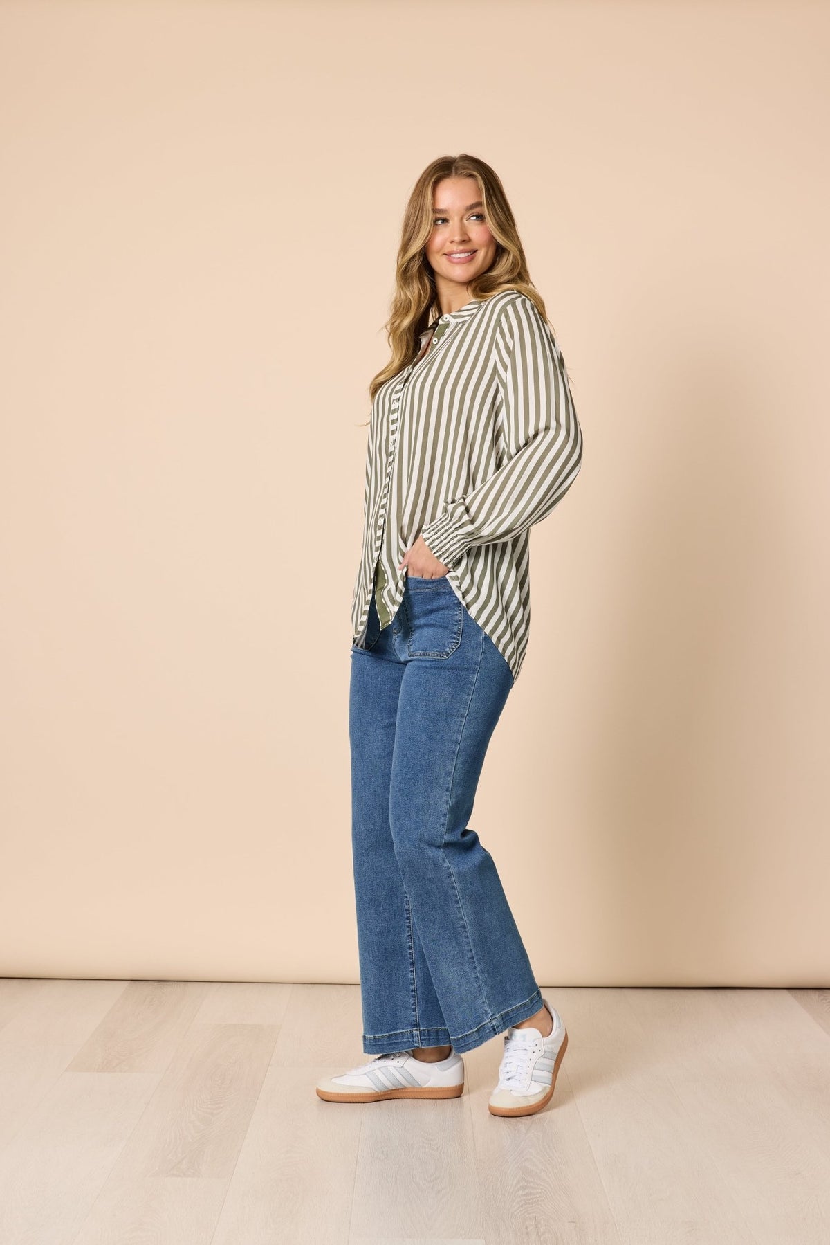THREADZ_AMOUR STRIPE SHIRT KHAKI/WHITE _ AMOUR STRIPE SHIRT KHAKI/WHITE _ Ebony Boutique NZ