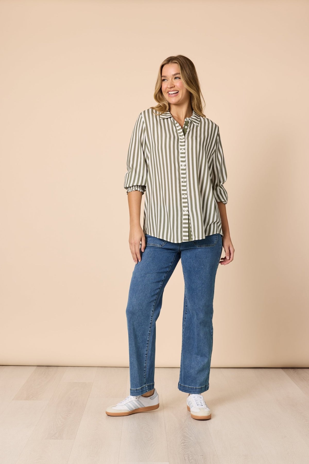 THREADZ_AMOUR STRIPE SHIRT KHAKI/WHITE _ AMOUR STRIPE SHIRT KHAKI/WHITE _ Ebony Boutique NZ