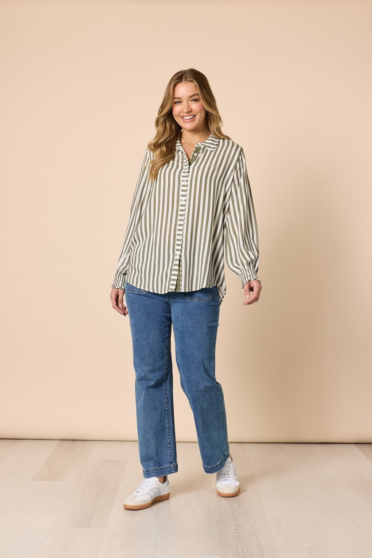 THREADZ_AMOUR STRIPE SHIRT KHAKI/WHITE _ AMOUR STRIPE SHIRT KHAKI/WHITE _ Ebony Boutique NZ