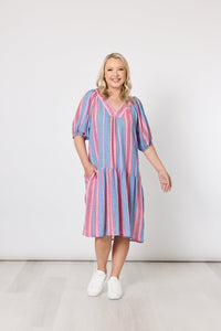 THREADZ_BLOOM STRIPE DRESS INDIGO PINK _ BLOOM STRIPE DRESS INDIGO PINK _ Ebony Boutique NZ