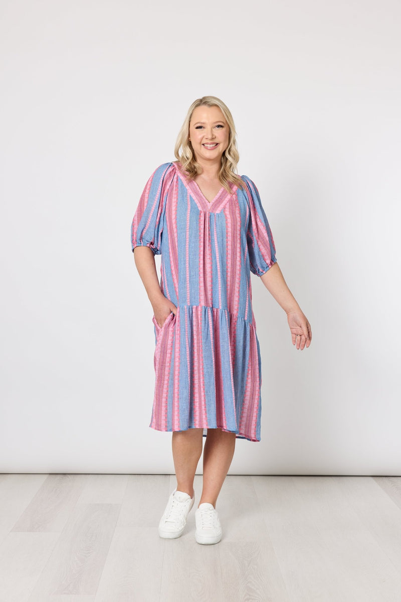 THREADZ_BLOOM STRIPE DRESS INDIGO PINK _ BLOOM STRIPE DRESS INDIGO PINK _ Ebony Boutique NZ