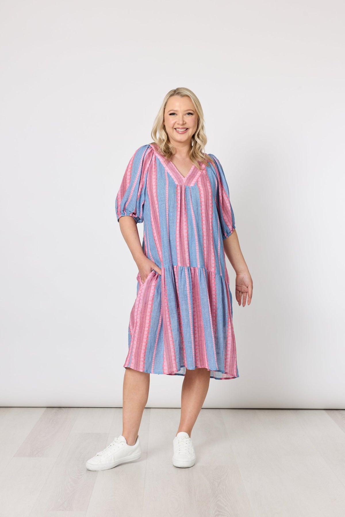 THREADZ_BLOOM STRIPE DRESS INDIGO PINK _ BLOOM STRIPE DRESS INDIGO PINK _ Ebony Boutique NZ