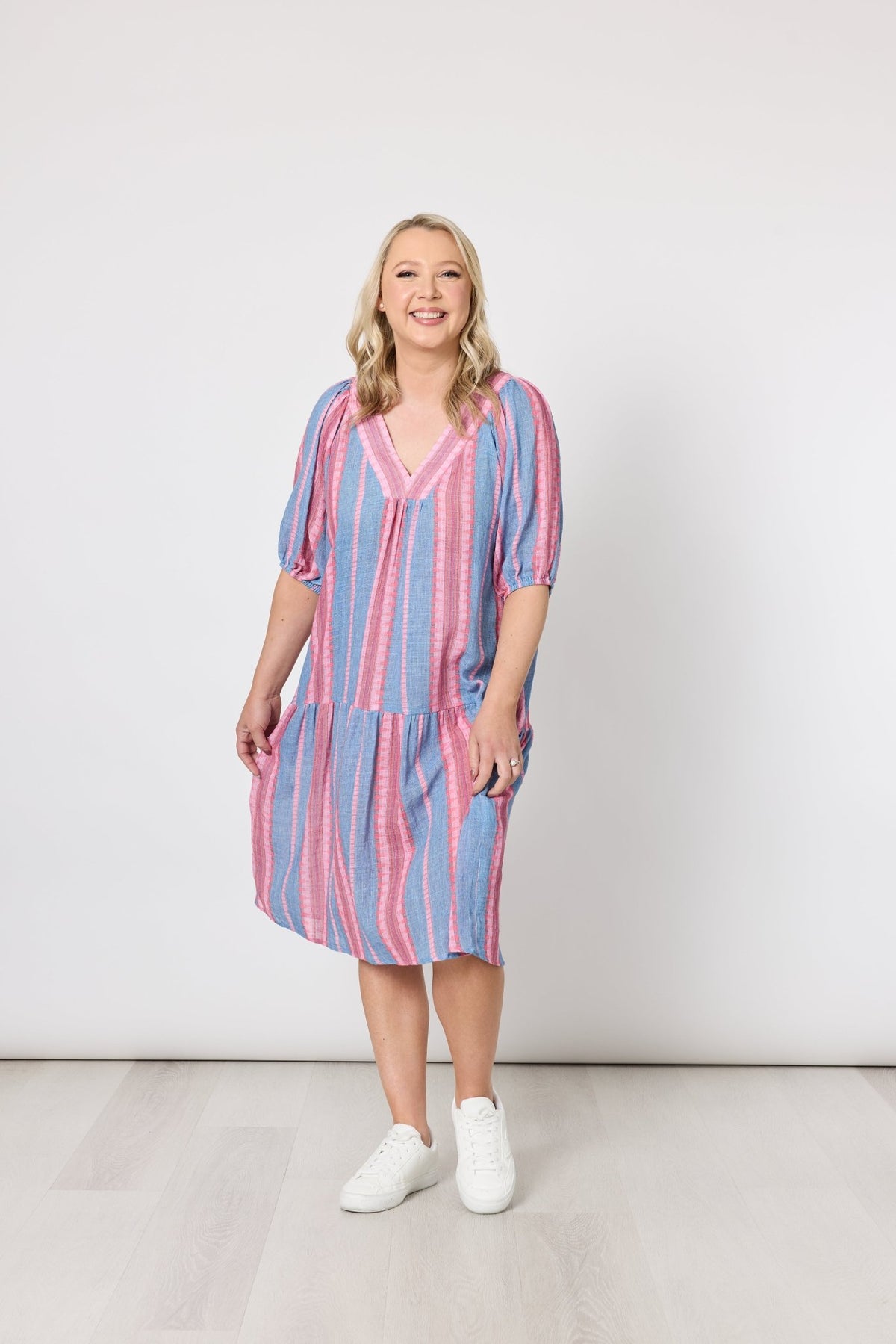 THREADZ_BLOOM STRIPE DRESS INDIGO PINK _ BLOOM STRIPE DRESS INDIGO PINK _ Ebony Boutique NZ