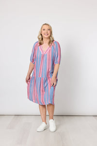 THREADZ_BLOOM STRIPE DRESS INDIGO PINK _ BLOOM STRIPE DRESS INDIGO PINK _ Ebony Boutique NZ