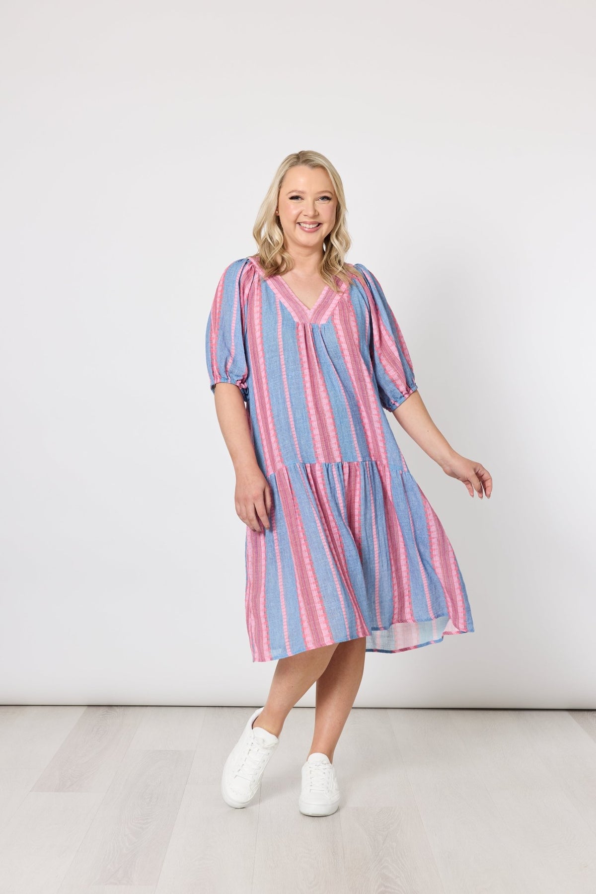 THREADZ_BLOOM STRIPE DRESS INDIGO PINK _ BLOOM STRIPE DRESS INDIGO PINK _ Ebony Boutique NZ