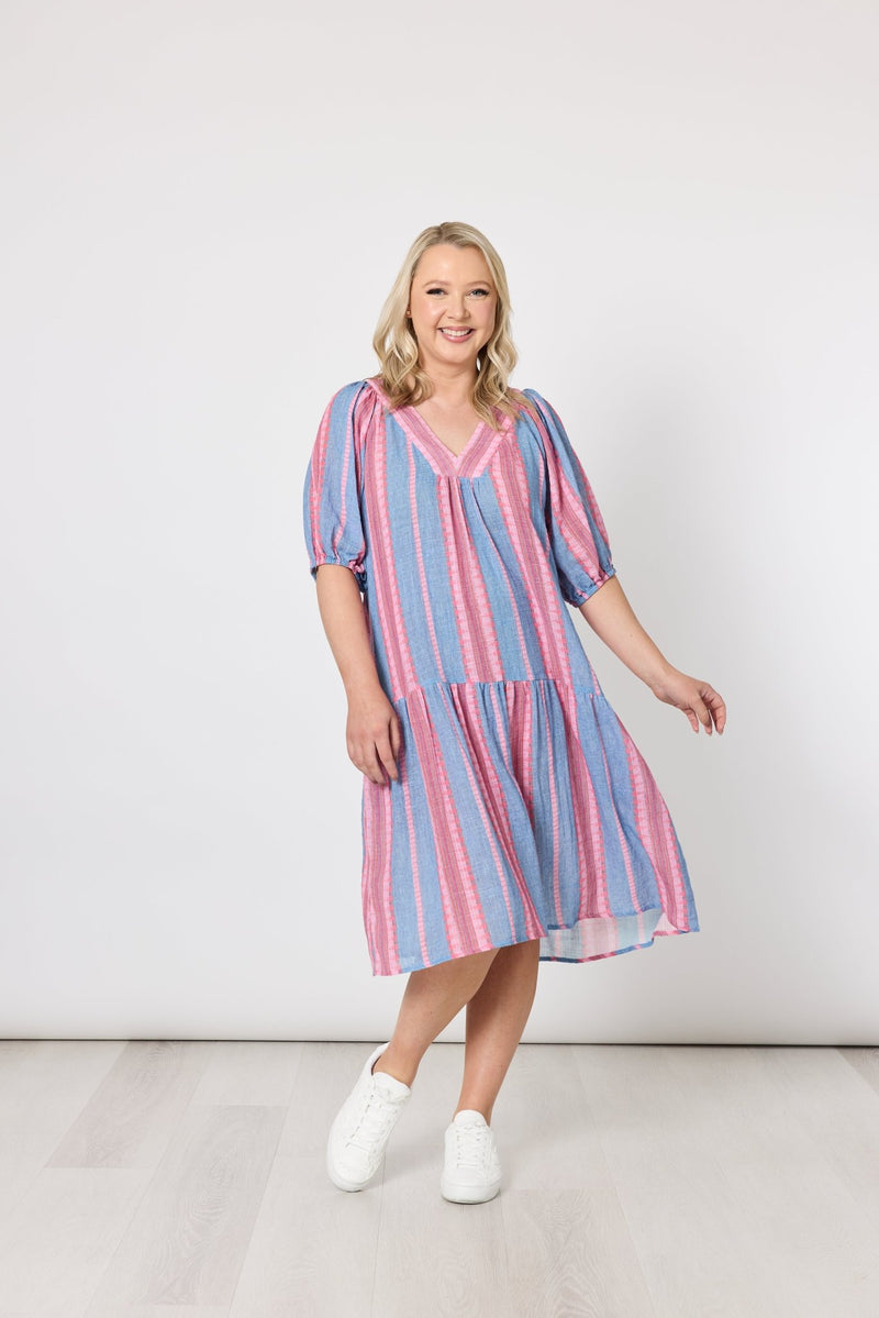 THREADZ_BLOOM STRIPE DRESS INDIGO PINK _ BLOOM STRIPE DRESS INDIGO PINK _ Ebony Boutique NZ