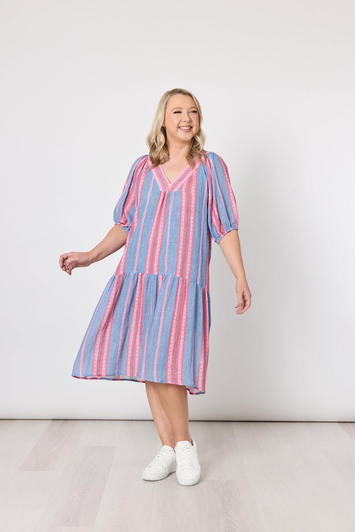 THREADZ_BLOOM STRIPE DRESS INDIGO PINK _ BLOOM STRIPE DRESS INDIGO PINK _ Ebony Boutique NZ