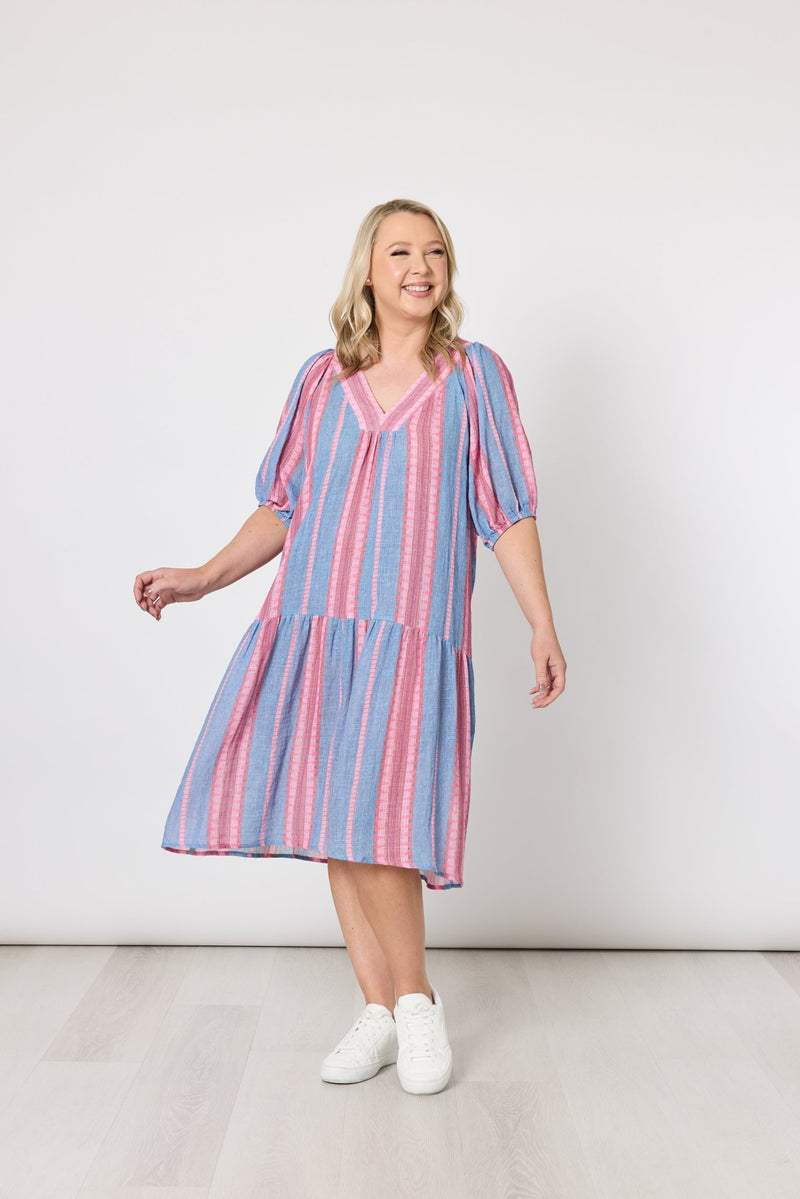 THREADZ_BLOOM STRIPE DRESS INDIGO PINK _ BLOOM STRIPE DRESS INDIGO PINK _ Ebony Boutique NZ