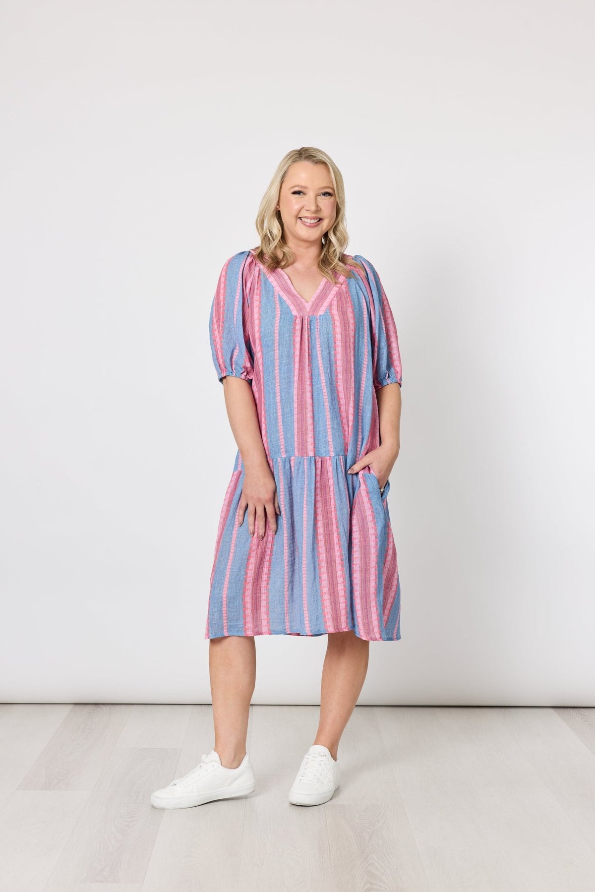 THREADZ_BLOOM STRIPE DRESS INDIGO PINK _ BLOOM STRIPE DRESS INDIGO PINK _ Ebony Boutique NZ