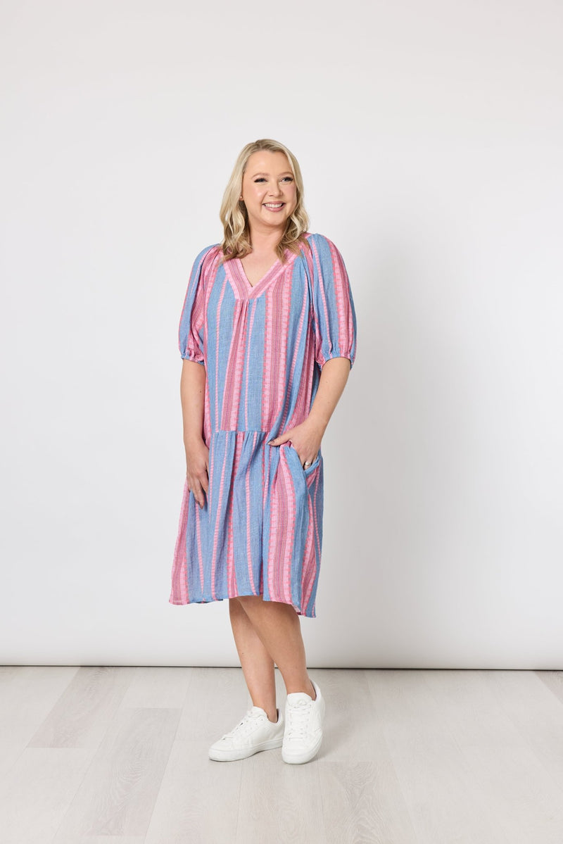 THREADZ_BLOOM STRIPE DRESS INDIGO PINK _ BLOOM STRIPE DRESS INDIGO PINK _ Ebony Boutique NZ