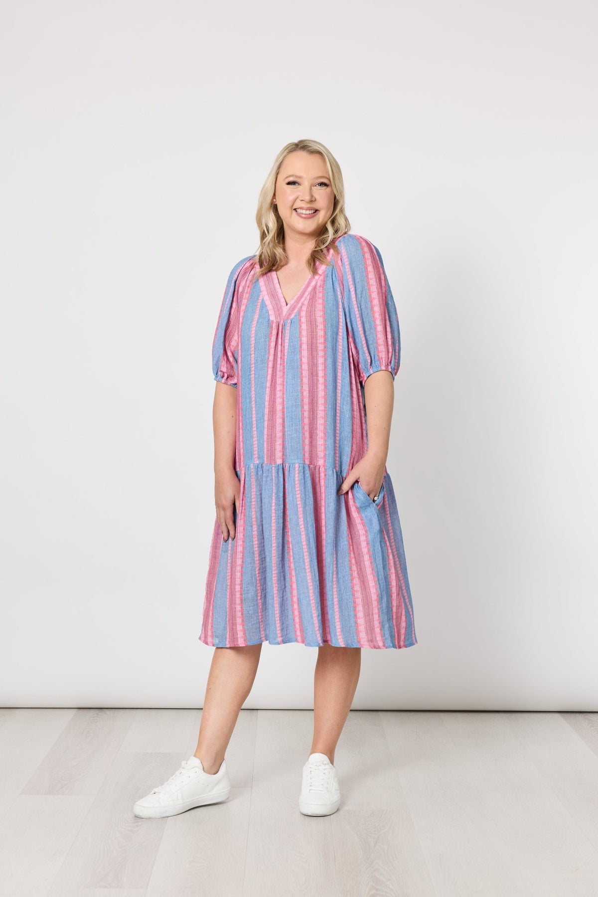 THREADZ_BLOOM STRIPE DRESS INDIGO PINK _ BLOOM STRIPE DRESS INDIGO PINK _ Ebony Boutique NZ