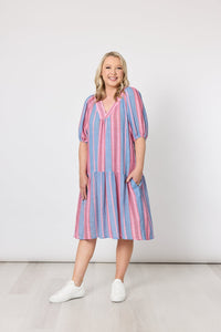 THREADZ_BLOOM STRIPE DRESS INDIGO PINK _ BLOOM STRIPE DRESS INDIGO PINK _ Ebony Boutique NZ