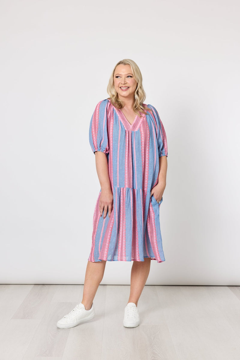 THREADZ_BLOOM STRIPE DRESS INDIGO PINK _ BLOOM STRIPE DRESS INDIGO PINK _ Ebony Boutique NZ