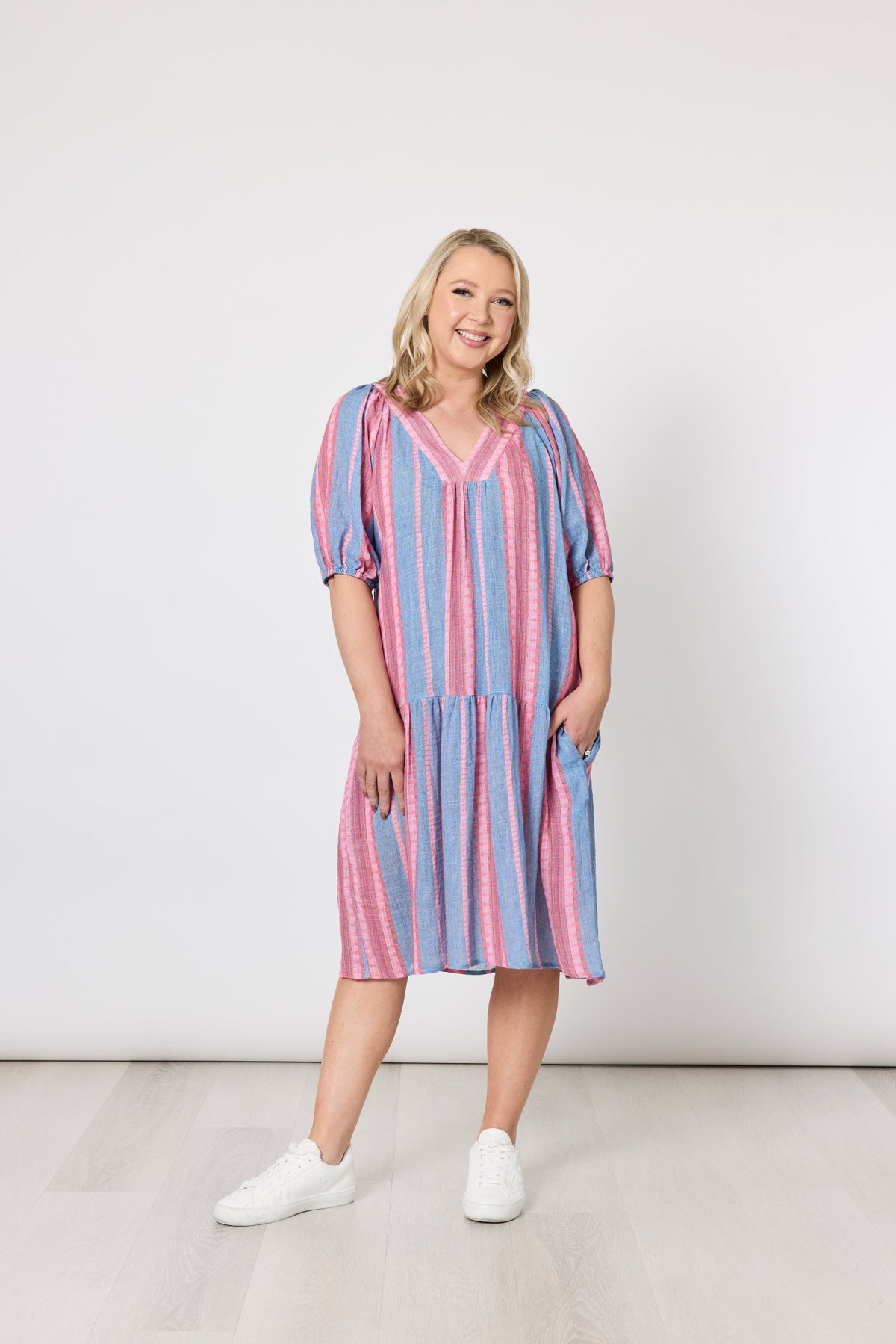 THREADZ_BLOOM STRIPE DRESS INDIGO PINK _ BLOOM STRIPE DRESS INDIGO PINK _ Ebony Boutique NZ