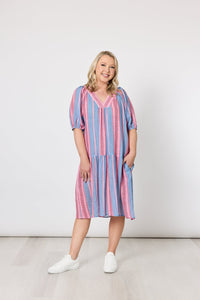 THREADZ_BLOOM STRIPE DRESS INDIGO PINK _ BLOOM STRIPE DRESS INDIGO PINK _ Ebony Boutique NZ