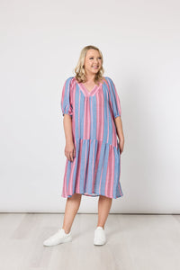 THREADZ_BLOOM STRIPE DRESS INDIGO PINK _ BLOOM STRIPE DRESS INDIGO PINK _ Ebony Boutique NZ