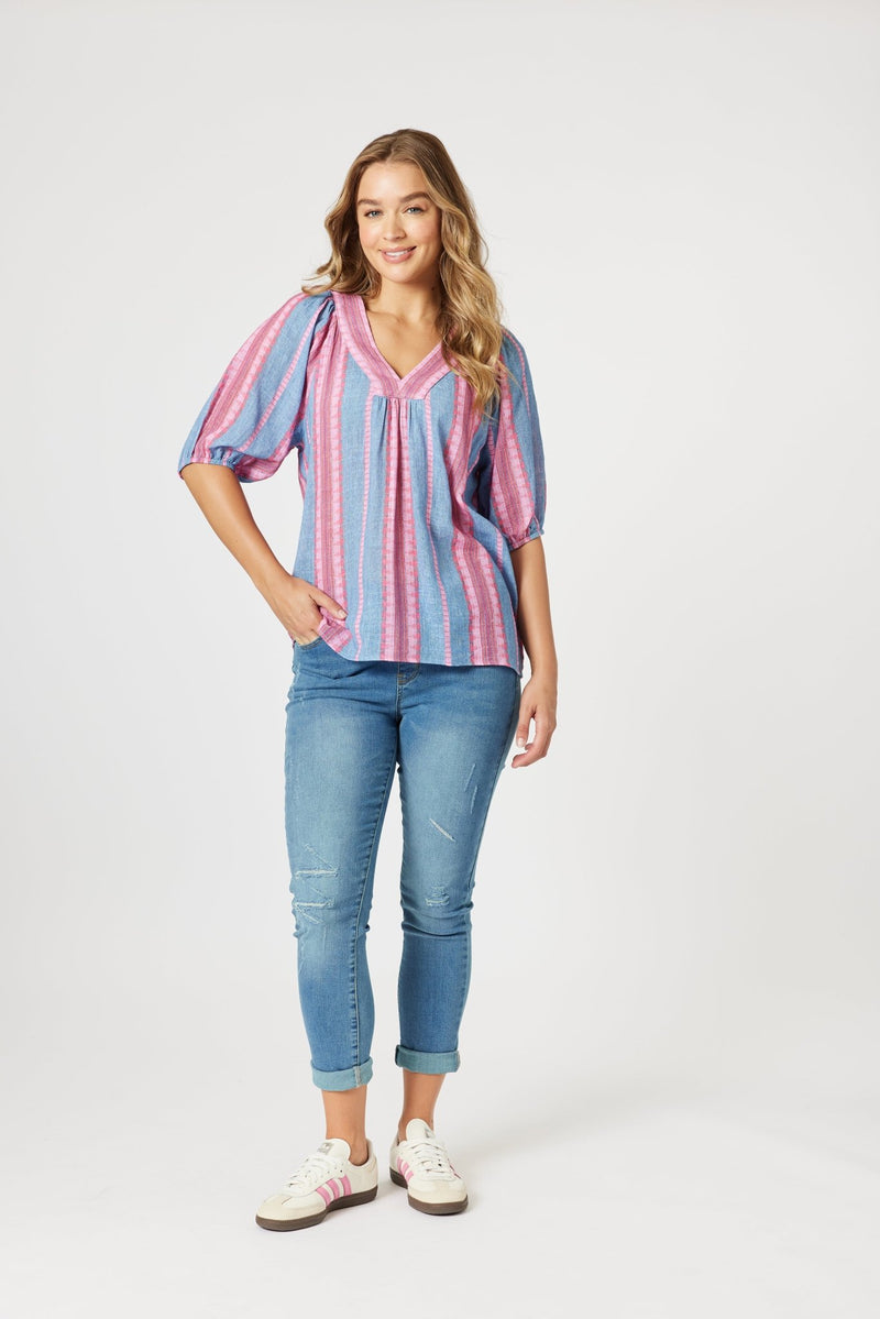 THREADZ_BLOOM STRIPE TOP INDIGO PINK _ BLOOM STRIPE TOP INDIGO PINK _ Ebony Boutique NZ