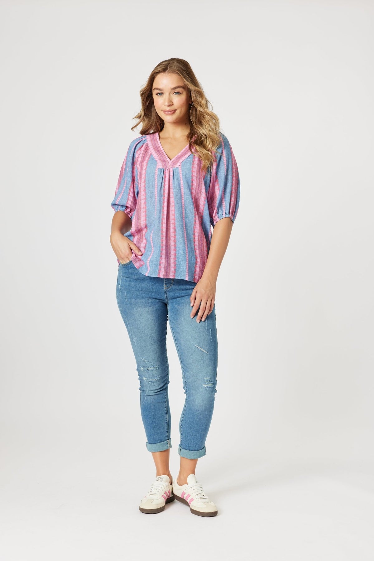 THREADZ_BLOOM STRIPE TOP INDIGO PINK _ BLOOM STRIPE TOP INDIGO PINK _ Ebony Boutique NZ