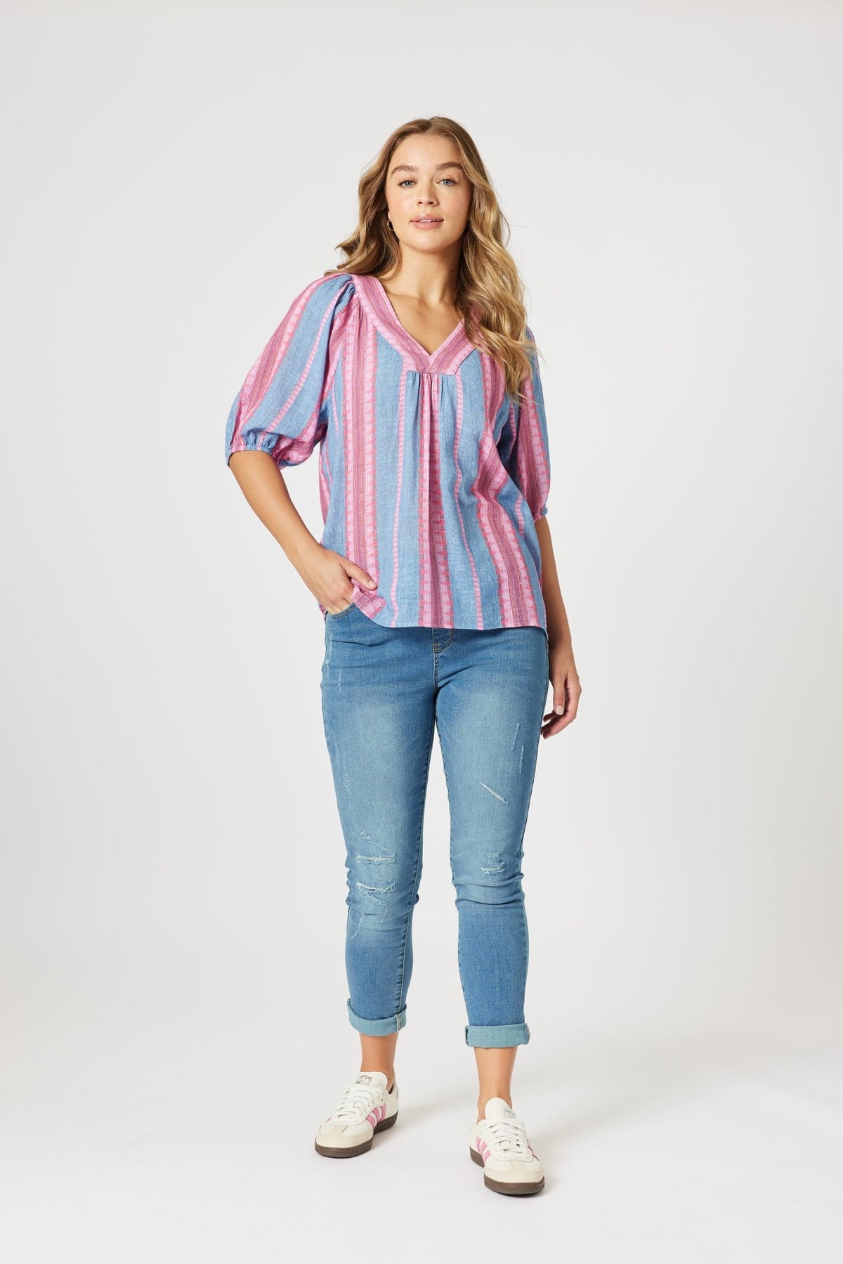 THREADZ_BLOOM STRIPE TOP INDIGO PINK _ BLOOM STRIPE TOP INDIGO PINK _ Ebony Boutique NZ