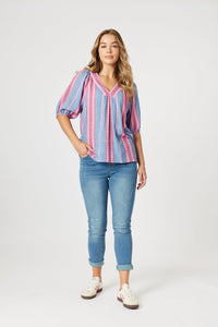 THREADZ_BLOOM STRIPE TOP INDIGO PINK _ BLOOM STRIPE TOP INDIGO PINK _ Ebony Boutique NZ