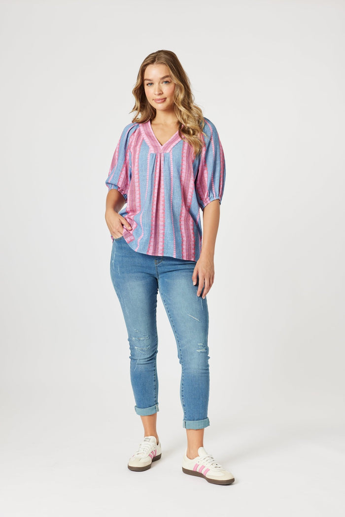 THREADZ_BLOOM STRIPE TOP INDIGO PINK _ BLOOM STRIPE TOP INDIGO PINK _ Ebony Boutique NZ