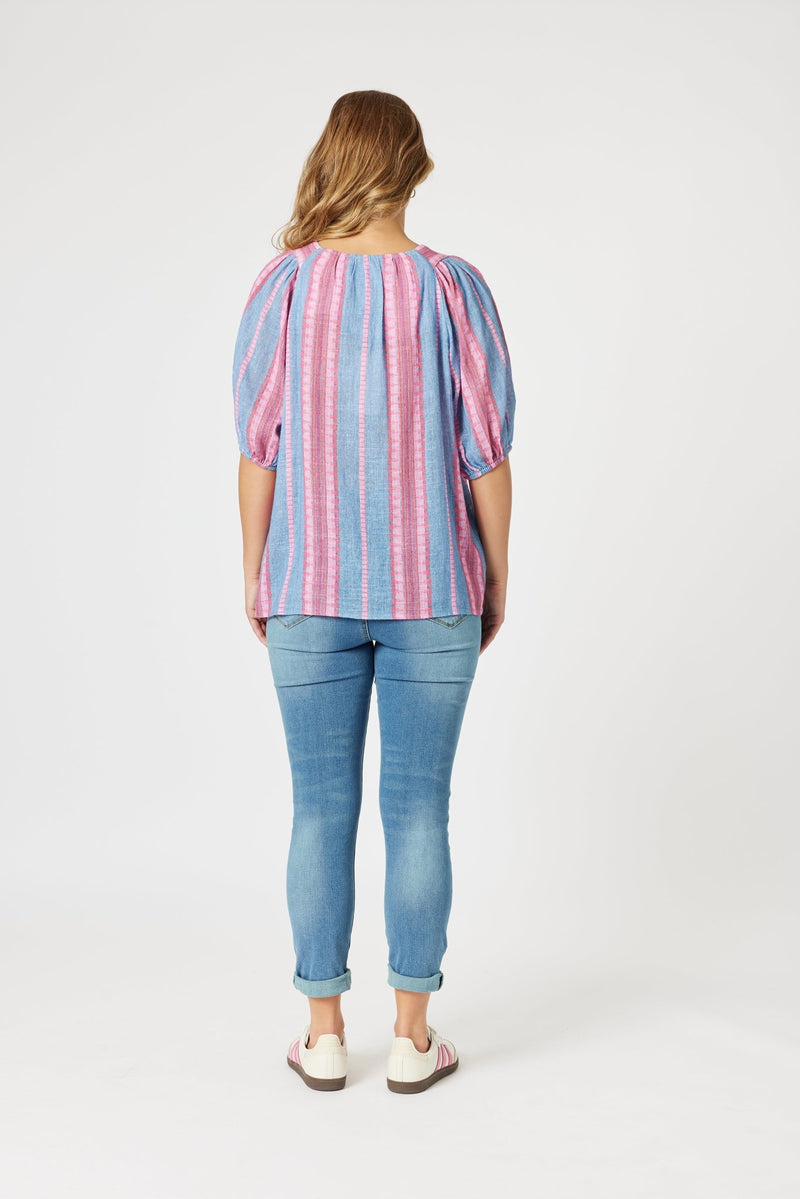 THREADZ_BLOOM STRIPE TOP INDIGO PINK _ BLOOM STRIPE TOP INDIGO PINK _ Ebony Boutique NZ