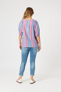 THREADZ_BLOOM STRIPE TOP INDIGO PINK _ BLOOM STRIPE TOP INDIGO PINK _ Ebony Boutique NZ