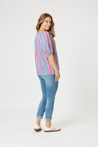 THREADZ_BLOOM STRIPE TOP INDIGO PINK _ BLOOM STRIPE TOP INDIGO PINK _ Ebony Boutique NZ