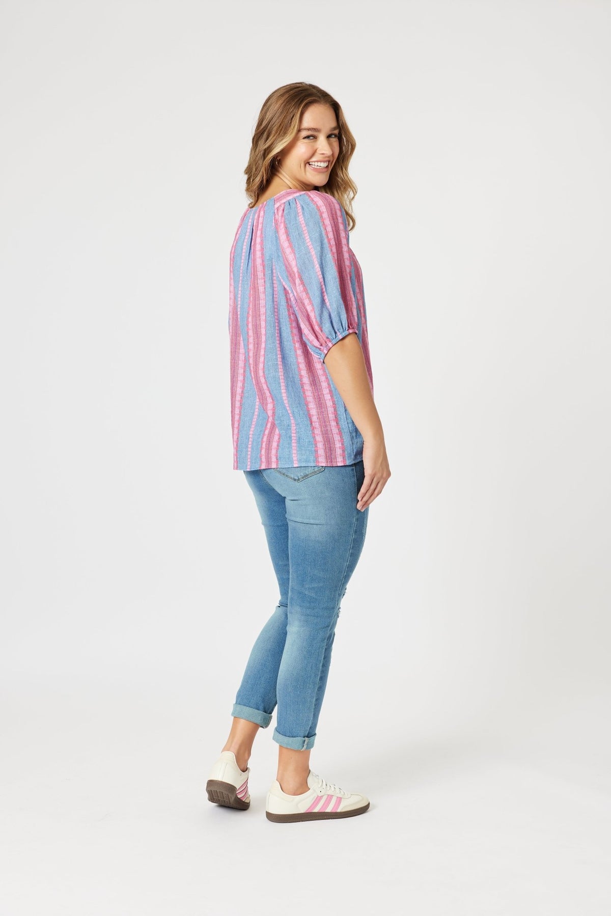 THREADZ_BLOOM STRIPE TOP INDIGO PINK _ BLOOM STRIPE TOP INDIGO PINK _ Ebony Boutique NZ