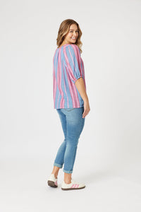 THREADZ_BLOOM STRIPE TOP INDIGO PINK _ BLOOM STRIPE TOP INDIGO PINK _ Ebony Boutique NZ