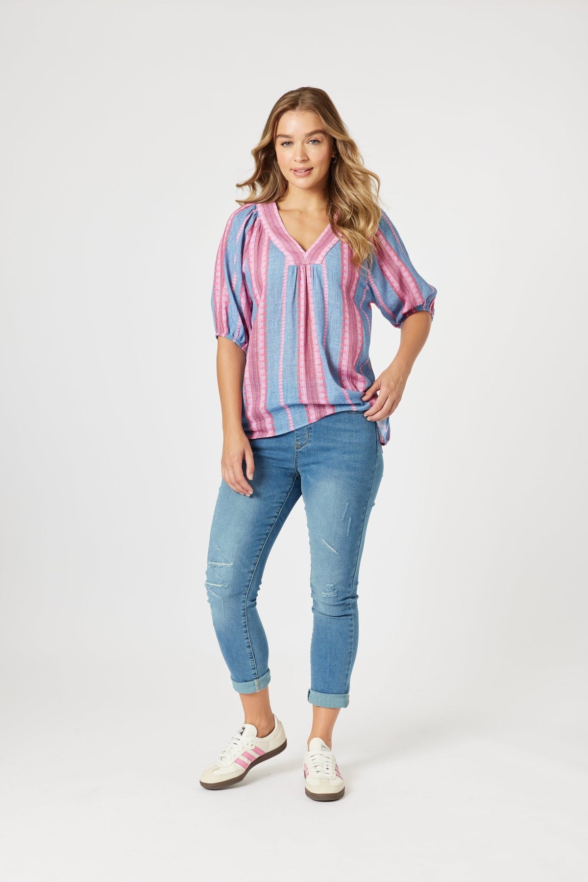 THREADZ_BLOOM STRIPE TOP INDIGO PINK _ BLOOM STRIPE TOP INDIGO PINK _ Ebony Boutique NZ