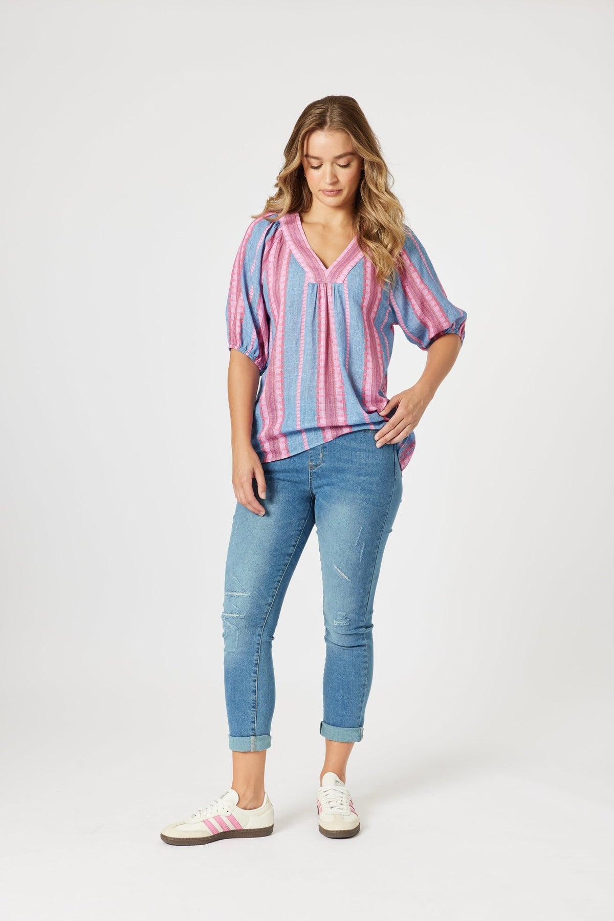 THREADZ_BLOOM STRIPE TOP INDIGO PINK _ BLOOM STRIPE TOP INDIGO PINK _ Ebony Boutique NZ