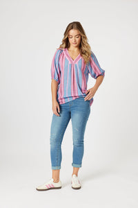THREADZ_BLOOM STRIPE TOP INDIGO PINK _ BLOOM STRIPE TOP INDIGO PINK _ Ebony Boutique NZ