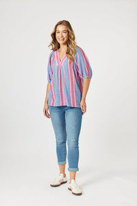 THREADZ_BLOOM STRIPE TOP INDIGO PINK _ BLOOM STRIPE TOP INDIGO PINK _ Ebony Boutique NZ