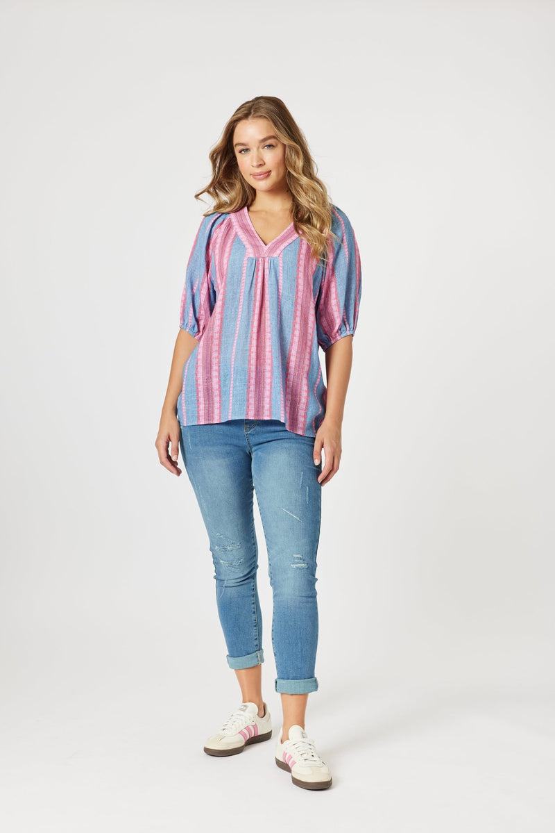 THREADZ_BLOOM STRIPE TOP INDIGO PINK _ BLOOM STRIPE TOP INDIGO PINK _ Ebony Boutique NZ