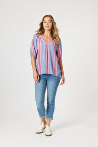 THREADZ_BLOOM STRIPE TOP INDIGO PINK _ BLOOM STRIPE TOP INDIGO PINK _ Ebony Boutique NZ
