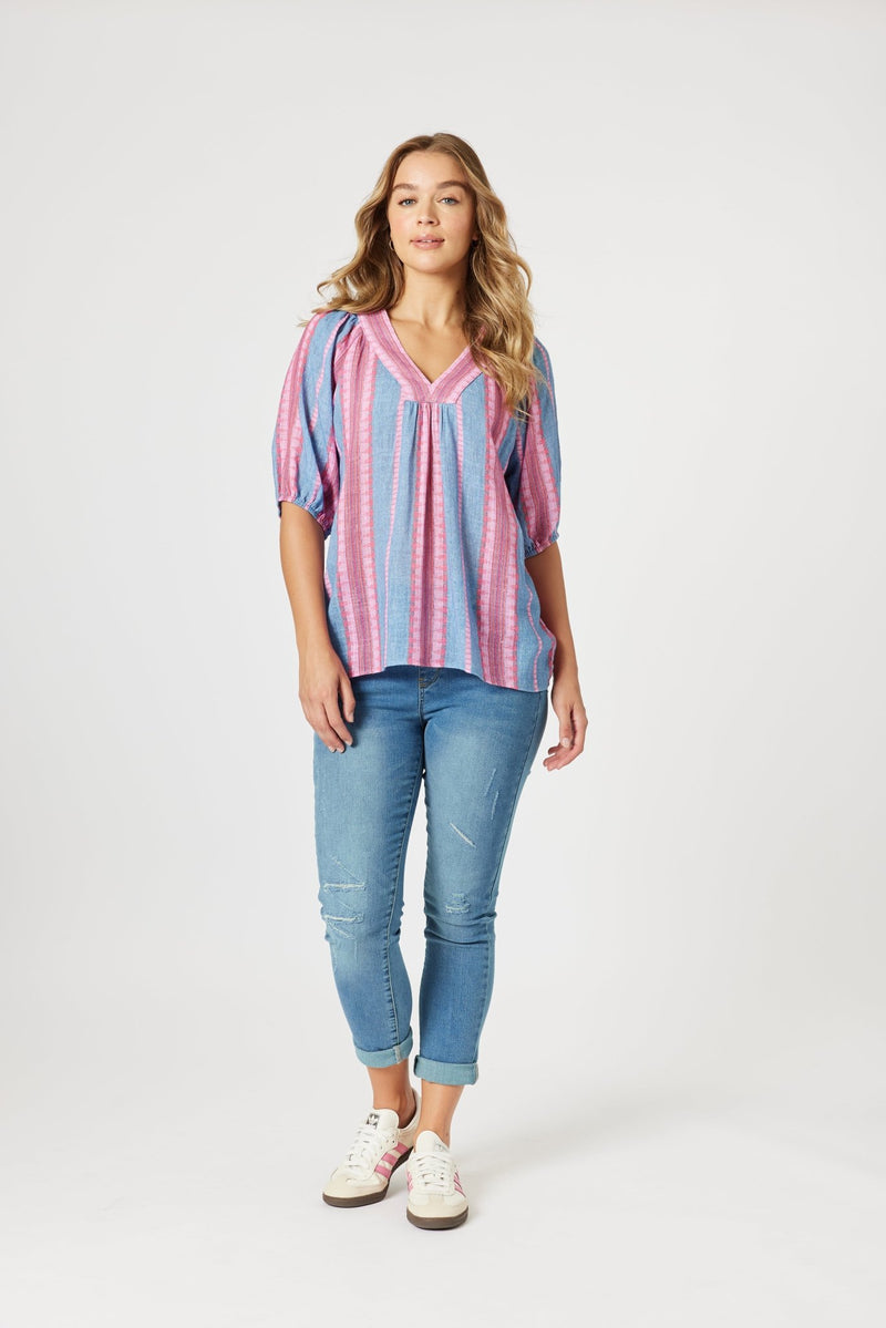 THREADZ_BLOOM STRIPE TOP INDIGO PINK _ BLOOM STRIPE TOP INDIGO PINK _ Ebony Boutique NZ