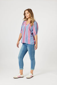 THREADZ_BLOOM STRIPE TOP INDIGO PINK _ BLOOM STRIPE TOP INDIGO PINK _ Ebony Boutique NZ