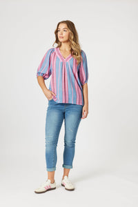 THREADZ_BLOOM STRIPE TOP INDIGO PINK _ BLOOM STRIPE TOP INDIGO PINK _ Ebony Boutique NZ