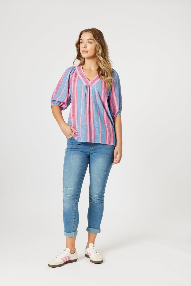 THREADZ_BLOOM STRIPE TOP INDIGO PINK _ BLOOM STRIPE TOP INDIGO PINK _ Ebony Boutique NZ