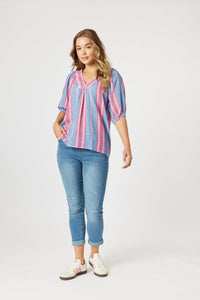 THREADZ_BLOOM STRIPE TOP INDIGO PINK _ BLOOM STRIPE TOP INDIGO PINK _ Ebony Boutique NZ