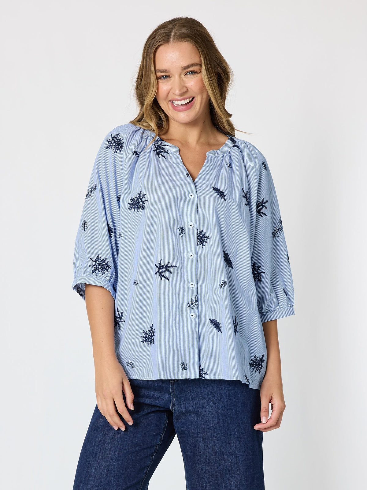 BOTANICA EMBROIDERED FLORAL SHIRT - NAVY/WHITE_by_THREADZ_women's_in_New Zealand_ Product image 8 _