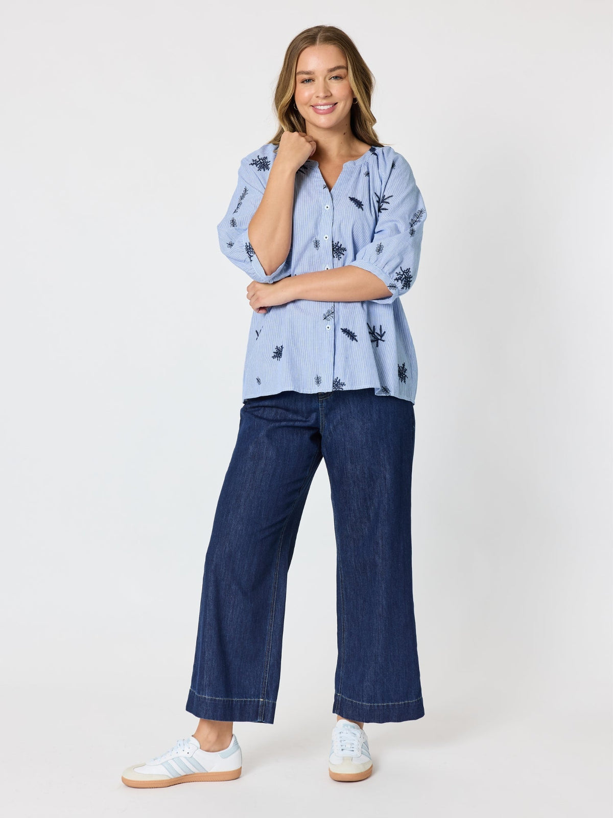 BOTANICA EMBROIDERED FLORAL SHIRT - NAVY/WHITE_by_THREADZ_women's_in_New Zealand_ MODEL _