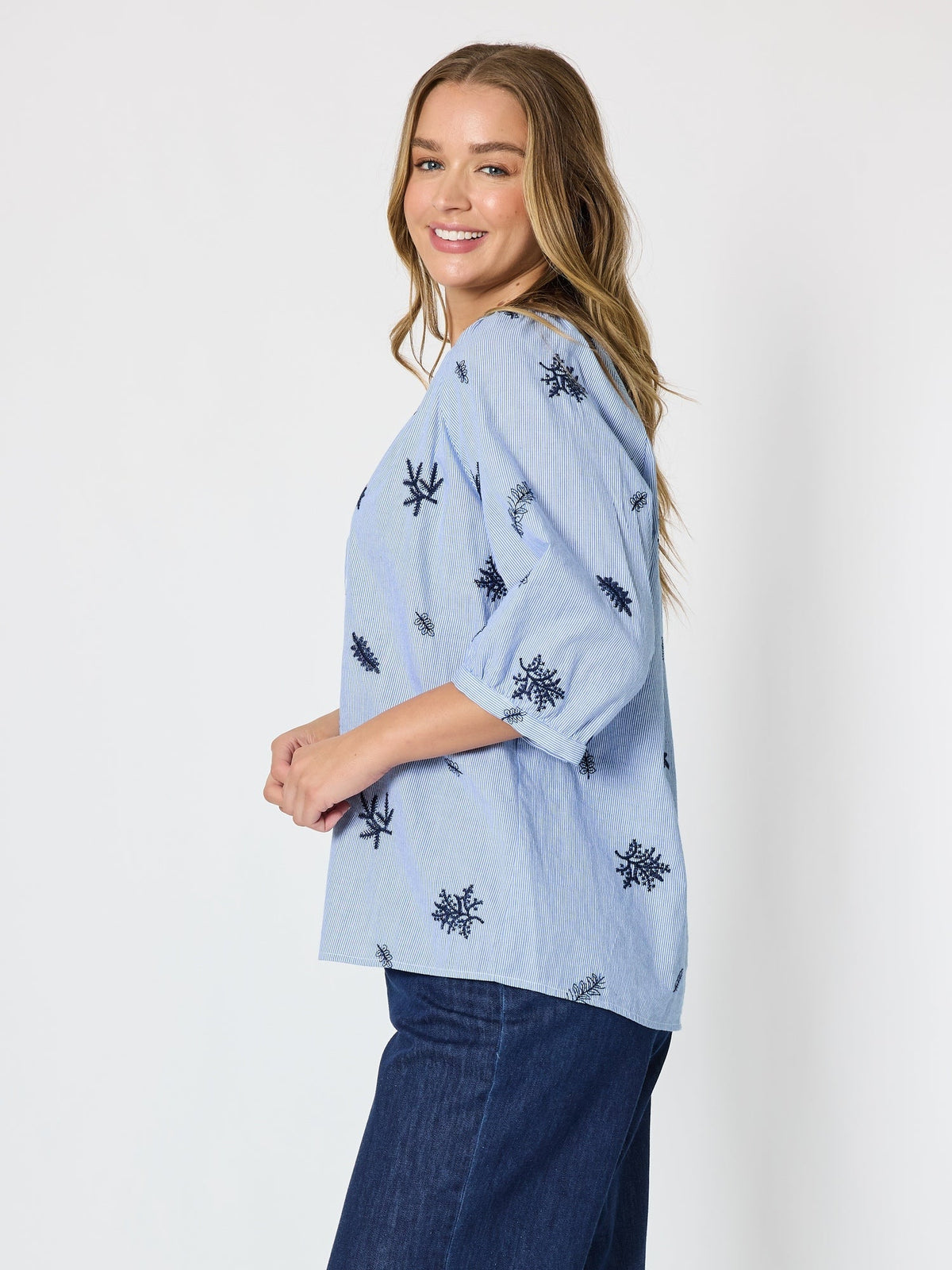 BOTANICA EMBROIDERED FLORAL SHIRT - NAVY/WHITE_by_THREADZ_women's_in_New Zealand_ SIDE _
